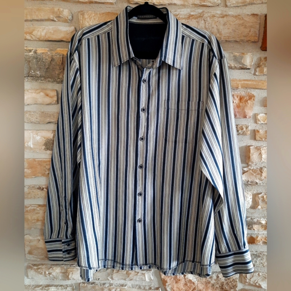 Tommy Bahama 100% Silk Button Down Long-Sleeve Shirt Stripe Black Tan Mens Sz XL